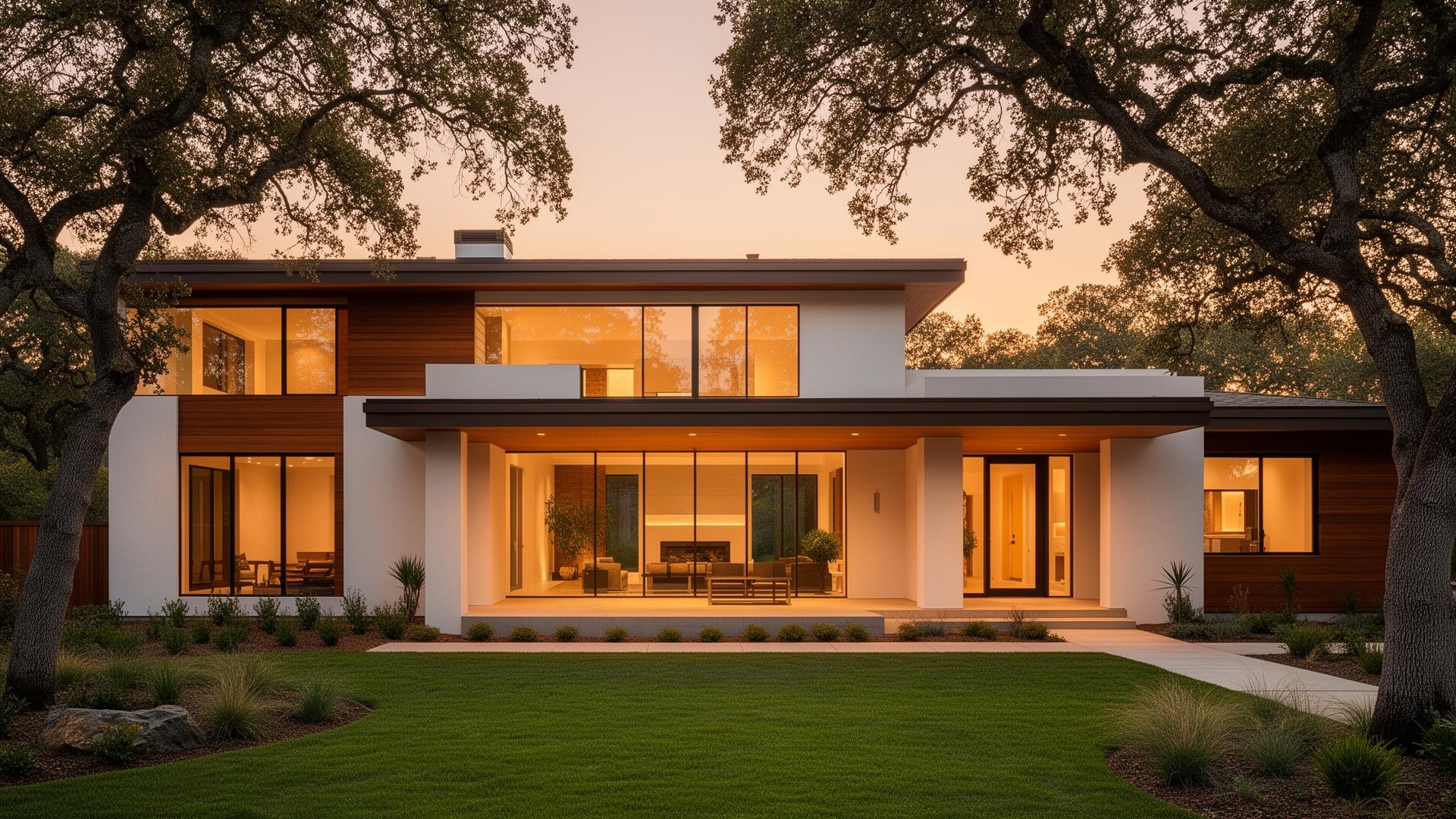 A modern custom home at dusk — illustrative of GVB's residential work
